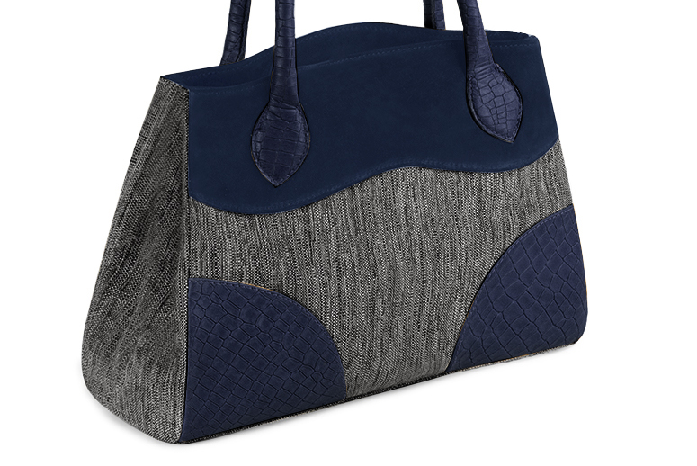 Dark grey and navy blue women's dress handbag, matching pumps and belts. Front view - Florence KOOIJMAN